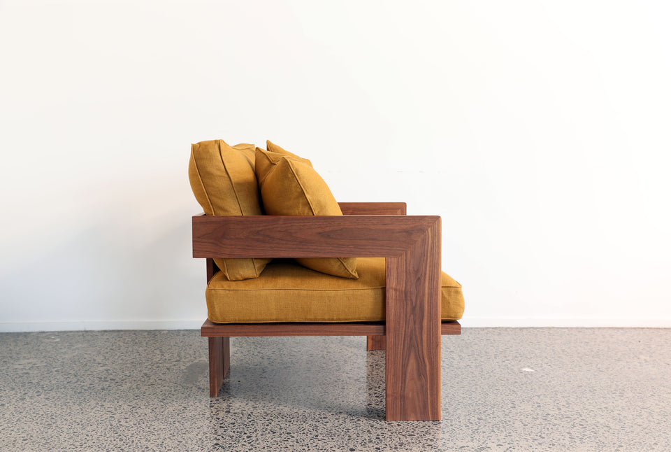 rumi armchair, linen armchair, locally made,made in nz, timber armchair
