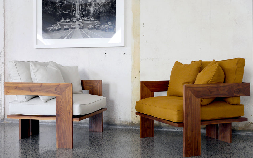 rumi armchair, linen armchair, locally made,made in nz, timber armchair
